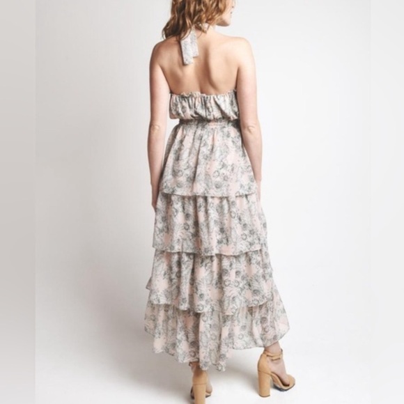 MISA Valeria halter tiered pink gray ruffle midi dress floral - Picture 3 of 5